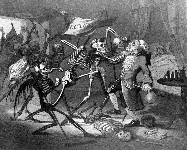 A doctor failing to hold death at bay from his patient; represented by a group of skeletal death figures one of whom is grabbing the doctor by the throat, the terrified patient looks on. Aquatint by F. Jukes, 1803, after S. Collings.