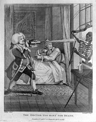 A doctor holding death at bay from his patient: illustrated by him squirting a syringe at a skeletal figure entering via the window. Line engraving by N. Goodnight, 1787, after S. Collings.