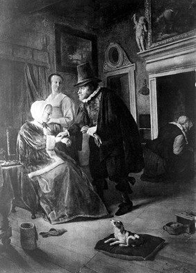 A physician taking a young woman's pulse, her mother is standing behind them, a basket for a urine flask is on the floor. Collotype after J. Steen.