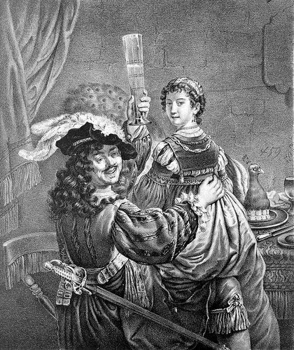 Rembrandt, portrayed perhaps as the prodigal son, stands with his arm round a lady (represented by his wife Saskia) by a banquet table and raises his glass. Lithograph after Rembrandt van Rijn.
