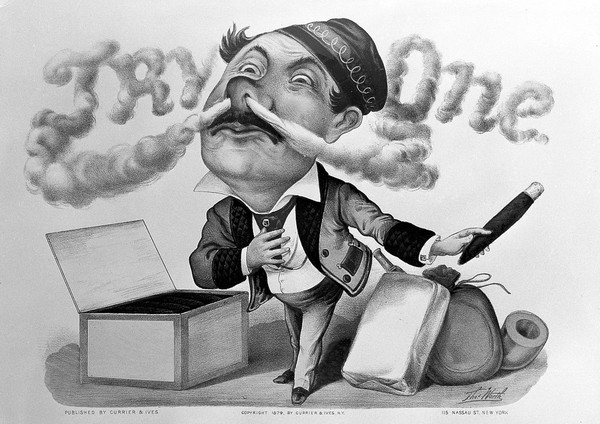 A smoker with huge head exhales cigar smoke which forms the words "try one". Coloured lithograph, c. 1879, after T. Worth.