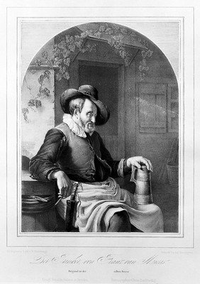 A man sitting outside with a tankard on his knee and a pipe in his hand. Lithograph by F. Hangstaengl, 19th century, after F. van Mieris.