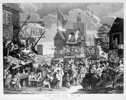 Southwark Fair, a renowned place of amusement, with a variety of theatrical establishments. Engraving by T. Cook after W. Hogarth.