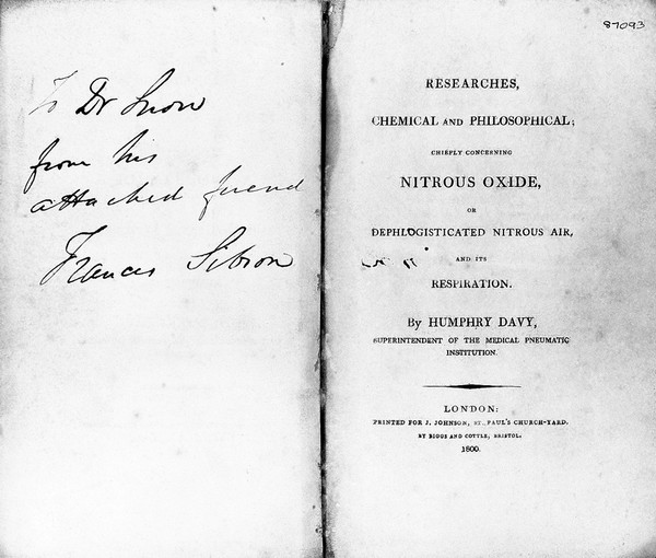 Researches chemical and philosophical: chiefly concerning nitrous oxide or dephlogisticated nitrous air and its respiration / By Humphry Davy.