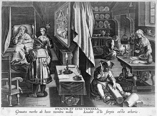 The preparation of the medicine guaiacum from a tree (right), and a man in bed suffering from syphilis, drinking a decoction of the medicine (left). Line engraving by P. Galle after J. van der Straet.