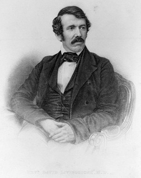 David Livingstone, seated looking to the left. Engraving by J. Cochran after J. Mayall.