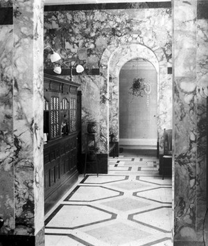 view Entrance to baths in Devonshire Hospital, Buxton circa 1910. From an old slide probably taken from a prospectus.