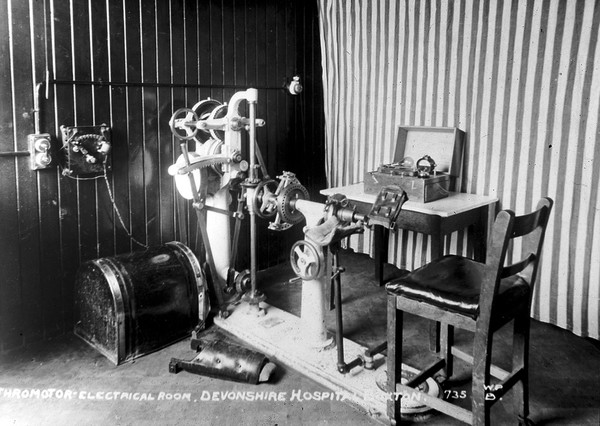 Arthromotor electrical room in Devonshire Hospital. From an old slide proabaly taken from a prospectus.