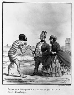 A bearded man in a bathing-costume requests a light fo rhis cigar from a fully-dressed British couple walking on the beach at Ostend: they are shocked. Coloured lithograph by A. Bry, c. 1850.