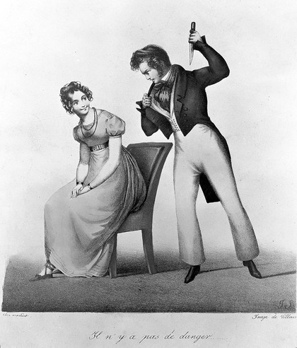 A young man holding a dagger threatens to kill himself while a young lady sitting on a chair next to him smiles at him, not taking his threat seriously. Coloured lithograph by J.G. Scheffer.