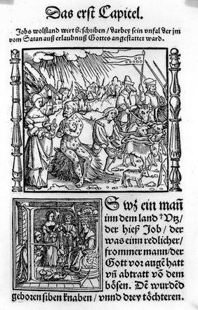 Job covered with sores and wife, woodcut 1545.