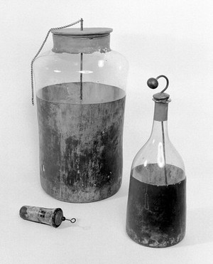 view Apparatus used by Galvani - three Leyden jars