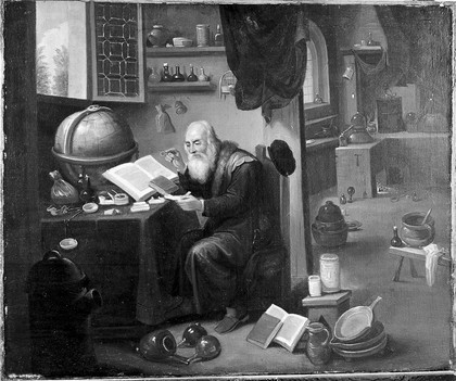 An alchemist in his laboratory. Oil painting by a follower of David Teniers the younger.