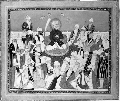 Sir Donald McLeod, Governor of the Punjab, receiving the respect of the Sikh elders. Gouache painting, ca. 1870.