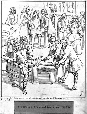 An operating room in a surgery: three patients are undergoing operations. Pen drawing by Z.S. after an engraving, 1690.