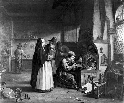 A lady visiting an alchemist in his laboratory. Oil painting attributed to Jan Josef Horemans, 17--.