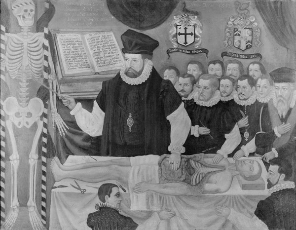 John Banester giving the visceral lecture at Barber-Surgeons' Hall, London, in 1581. Oil painting by Jack Orr,1913, after an English painter.