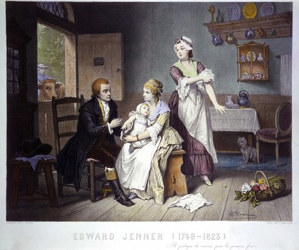 Edward Jenner vaccinating his son, held by Mrs Jenner; a maid rolls up her sleeve, a man stands outside holding a cow. Coloured engraving by C. Manigaud after E Hamman.