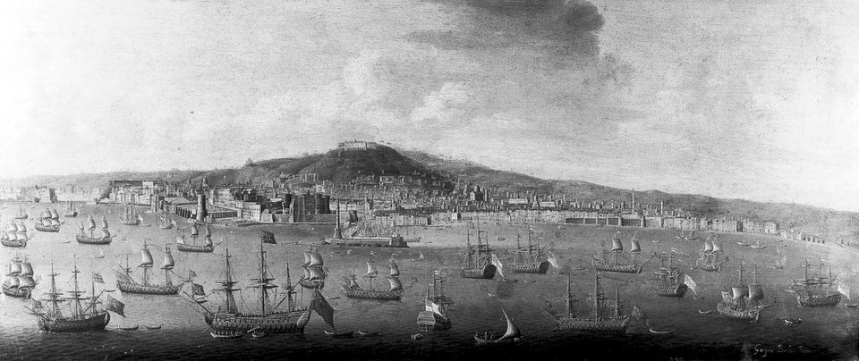 The bay of Naples with the British fleet at anchor, 1 August 1718. Oil painting by Gaspar Butler.