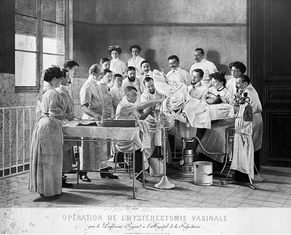 Operation for vaginal hysterectomy by Paul Segond at the Salpêtrière hospital, Paris. Heliogravure.