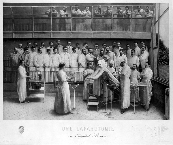 Laparotomy operation at the Broca hospital, Paris. Heliogravure by J. Heuse, 1901.