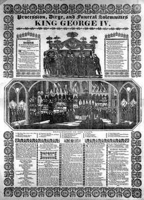 The funeral of King George IV. Wood engraving with letterpress, 1830.