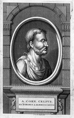Aurelius Cornelius Celsus. Line engraving by J. van der Spyk, 1746.