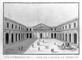 view School of Medicine, Paris: the interior court. Coloured etching by J.B. Chapuy, 1808, after H. Toussaint.