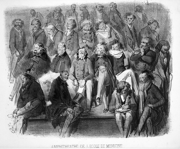 School of Medicine, Paris: interior view showing doctors attending a lecture in the amphitheatre. Coloured lithograph by G. Doré.