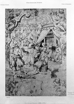 A surgeon is widening the chest wound of a soldier in order to remove an arrow, they are surrounded by a military encampment and a raging battle. Process print after a drawing by C. Maurer, c. 1594.