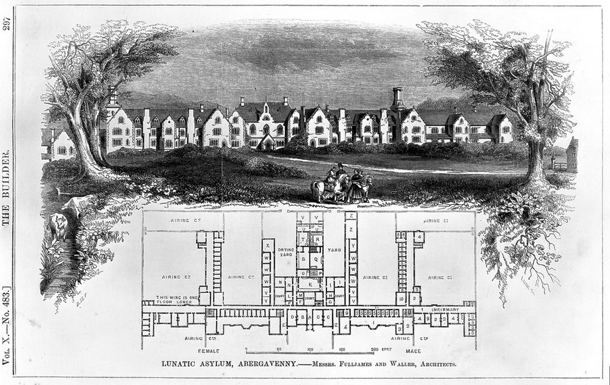 Facade, grounds and floor plan of the lunatic asylum, Abergavenny. Engraving by C.D. Laing after B. Sly after Fulljames and Waller.