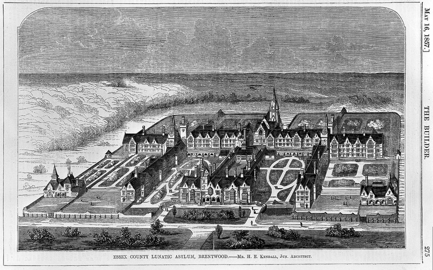 The County Lunatic Asylum, Brentwood, Essex: bird's eye view. Wood engraving by W.E. Hodgkin, 1857, after H.E. Kendall.