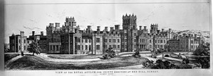 view Royal Asylum, Redhill, Surrey: panoramic view. Transfer lithograph by J.R. Jobbins after W.B. Moffat.