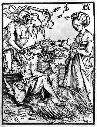 Job in his sickness being scourged by the devil.