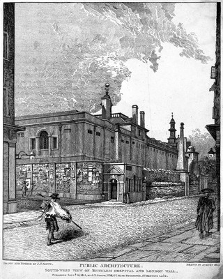 The Hospital of Bethlem [Bedlam] at Moorfields, London: seen from the south, with three people in the foreground. Etching by J. T. Smith after himself, 1814.