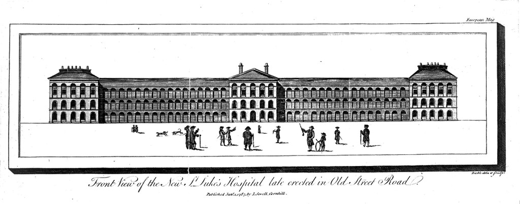 St Luke's Hospital, Cripplegate, London, with a number of figures in the foreground. Engraving by W. Deeble, 1785.
