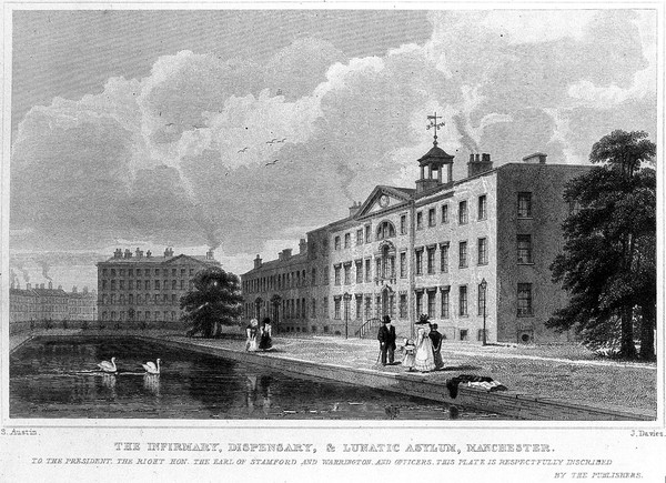 The Infirmary, Dispensary and Lunatic Asylum, Manchester, England. Line engraving by J. Davies after S. Austin.