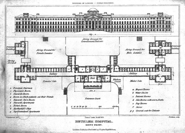 The Hospital of Bethlem [Bedlam], St. George's Fields, Lambeth: elevation and plan, with a scale and a key. Engraving by J. Le Keux, 1823, after P. Hardwick.