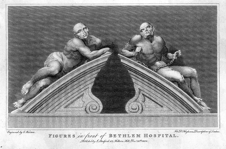 Statues of "raving" and "melancholy" madness, each reclining on one half of a broken segmental pediment, formerly crowning the gates at Bethlem [Bedlam] Hospital. Engraving by C. Warren, 1808, after C. Cibber, 1680.