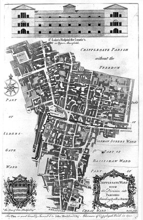 St Luke's Hospital, Cripplegate, London, with a map of Cripplegate Ward and the armorial device of John Blachford. Engraving by B. Cole, 1755.