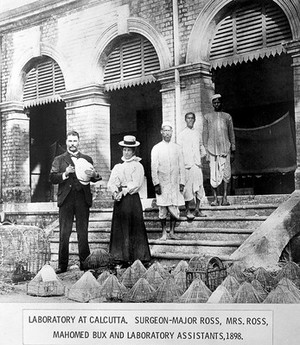 view Sir R. Ross on steps of laboratory in Calcutta, 1898