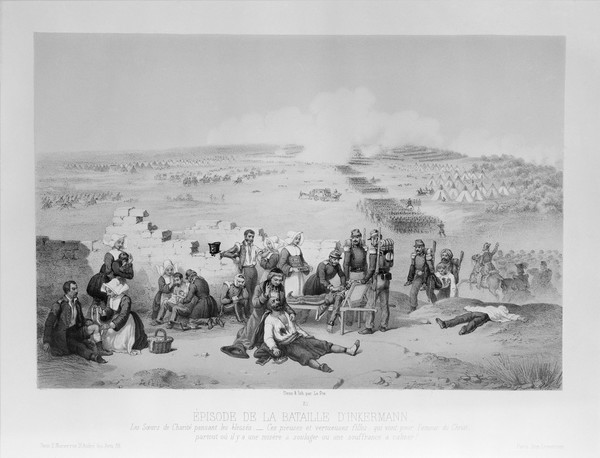 Crimean War: Sisters of Charity nursing wounded soldiers from the Battle of Inkerman. Coloured lithograph by Le Par (?), 1855.