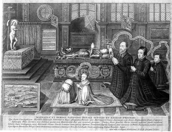 King James VI of Scotland and I of England as a child, kneeling in front of an altar next to the tomb of his father, with his family behind him on the right. Engraving by G. Vertue, ca. 1743, after L. de Vogelaare.