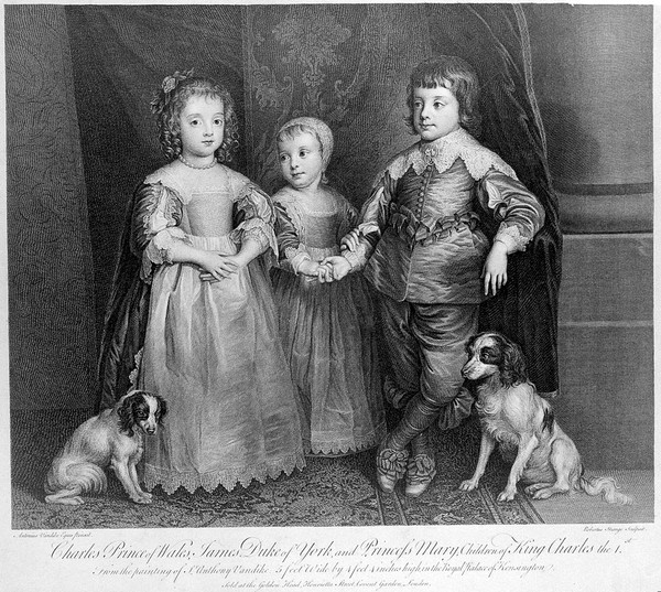 Charles Prince of Wales, James Duke of York and Princess Mary, children of King Charles I. Engraving by R. Strange after A. Van Dyck, ca. 1760.