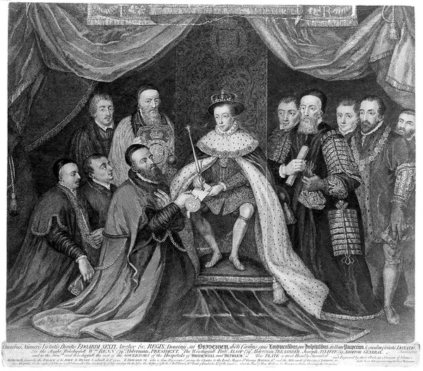 Edward VI granting the charter of Bridewell Hospital, by Vertue after Holbein