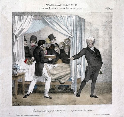 A doctor prescribes another ninety leeches for a sick, bedbound man; gentlemen crowd around the bed. Coloured lithograph by C.J. Traviès, c. 1827.