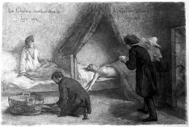 Patients suffering from cholera in the Jura during the 1854 epidemic, with Dr Gachet attending them. Pencil drawing by A. Gautier, 1859.