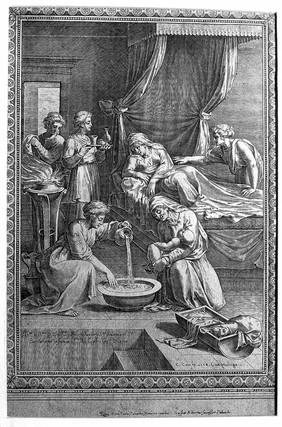 The birth of the Virgin Mary, Anna is being attended upon while Mary receives her first bath. Line engraving by C. Cort, 1578, after G. Penni.