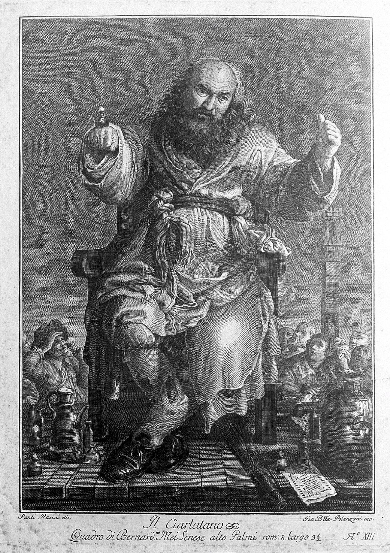 An itinerant medicine vendor performing with props to a crowd in Siena. Engraving by G.B. Polanzani after S. Pacini after G. Mei., by Bernardino Mei