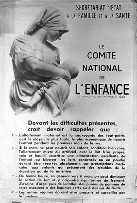 A sculpture of a mother breastfeeding her baby, advertising maternal breastfeeding in France. Process print, 194-.